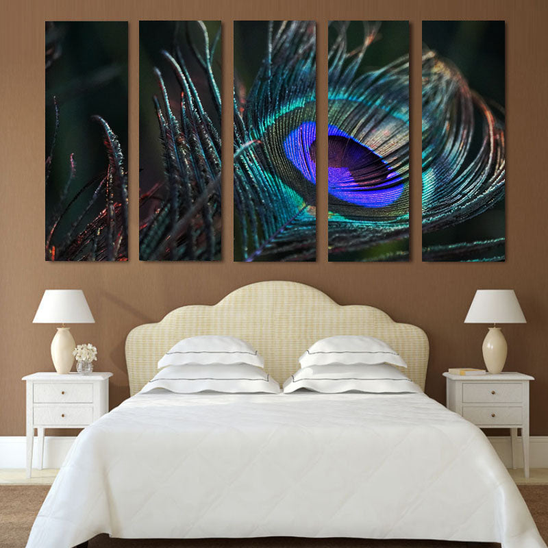 Peacock Feather canvas wall art displaying vibrant iridescent blues and purples in a dramatic close-up split across 5 panels, perfect for bedroom decor and modern interior design