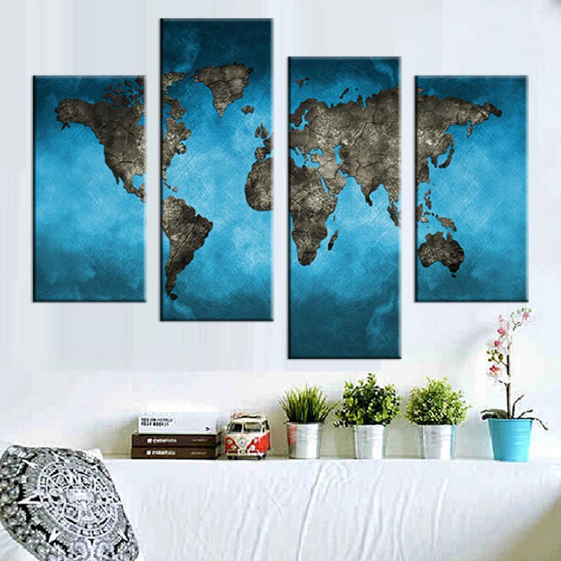 World Map on Blue Canvas - 4-panel wall art featuring detailed world map in rich bronze tones against vibrant turquoise blue background, modern abstract continental design perfect for home or office decor