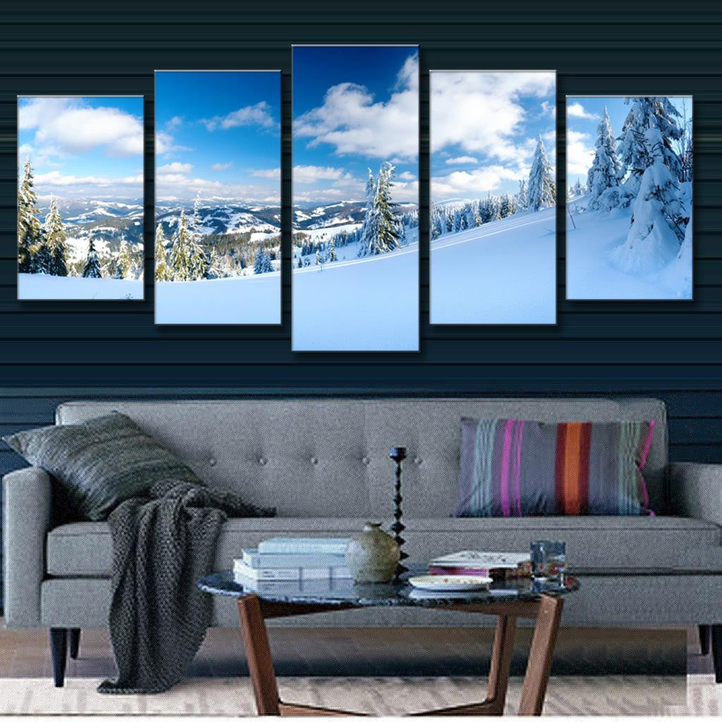Winter Mountain Landscape canvas print featuring snowy peaks, frost-covered evergreen trees, and pristine white slopes under bright blue sky with fluffy clouds, perfect 5-panel wall art for living room decor