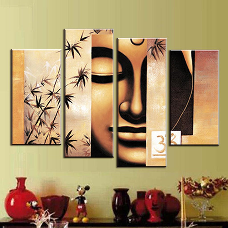 Abstract Buddha Scene: 4-panel canvas wall art featuring serene Buddha face in warm orange tones alongside delicate bamboo leaves, creating a peaceful zen atmosphere for modern home decor