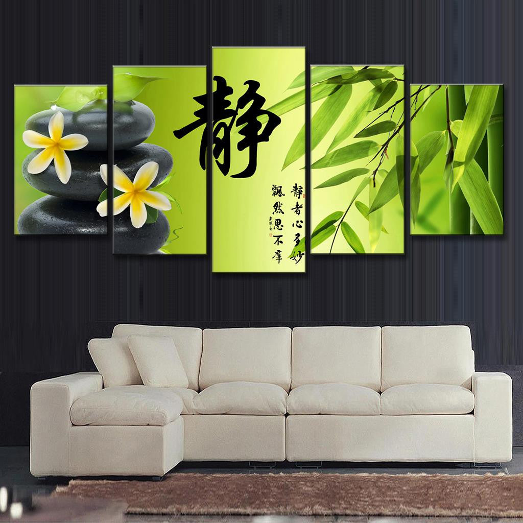 Bamboo and Stone with Flower wall art featuring zen stones, yellow plumeria blooms, Chinese calligraphy, and fresh bamboo leaves against a lime green background, creating a peaceful 5-panel spa-inspired composition