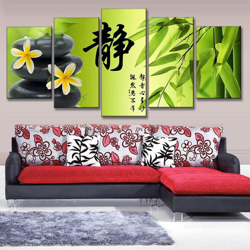 Bamboo and Stone with Flower - Zen inspired 5-panel wall art featuring black stones, white plumeria flowers, Chinese calligraphy symbol, and fresh bamboo leaves against lime green background