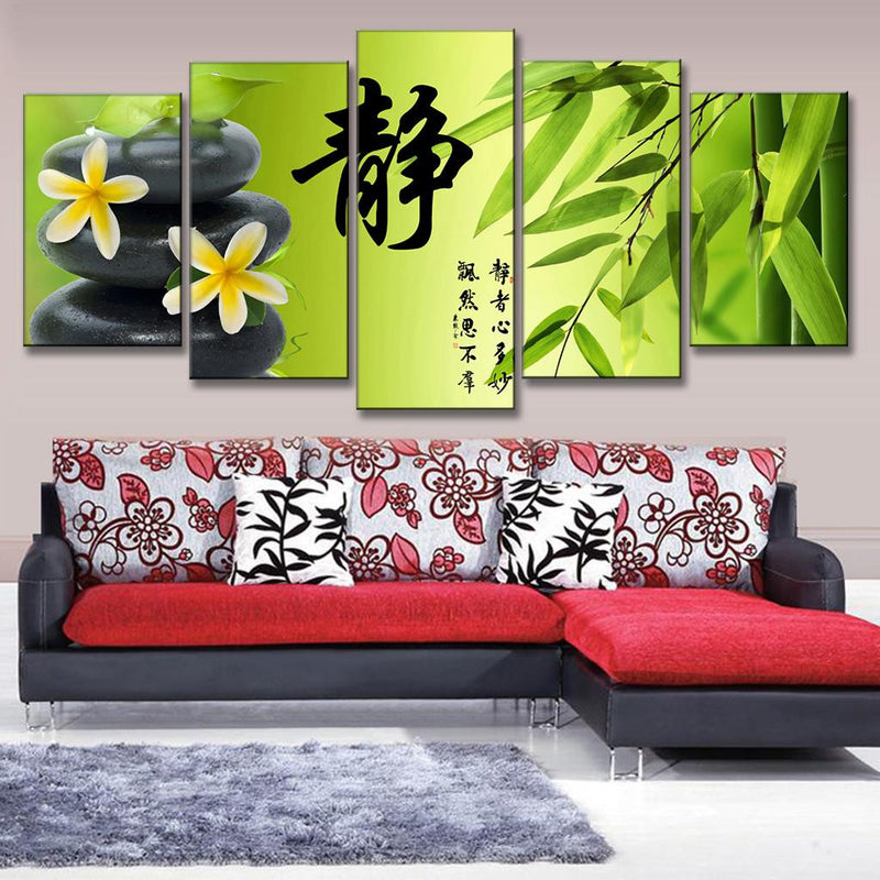 Bamboo and Stone with Flower - Zen inspired 5-panel wall art featuring black stones, white plumeria flowers, Chinese calligraphy symbol, and fresh bamboo leaves against lime green background