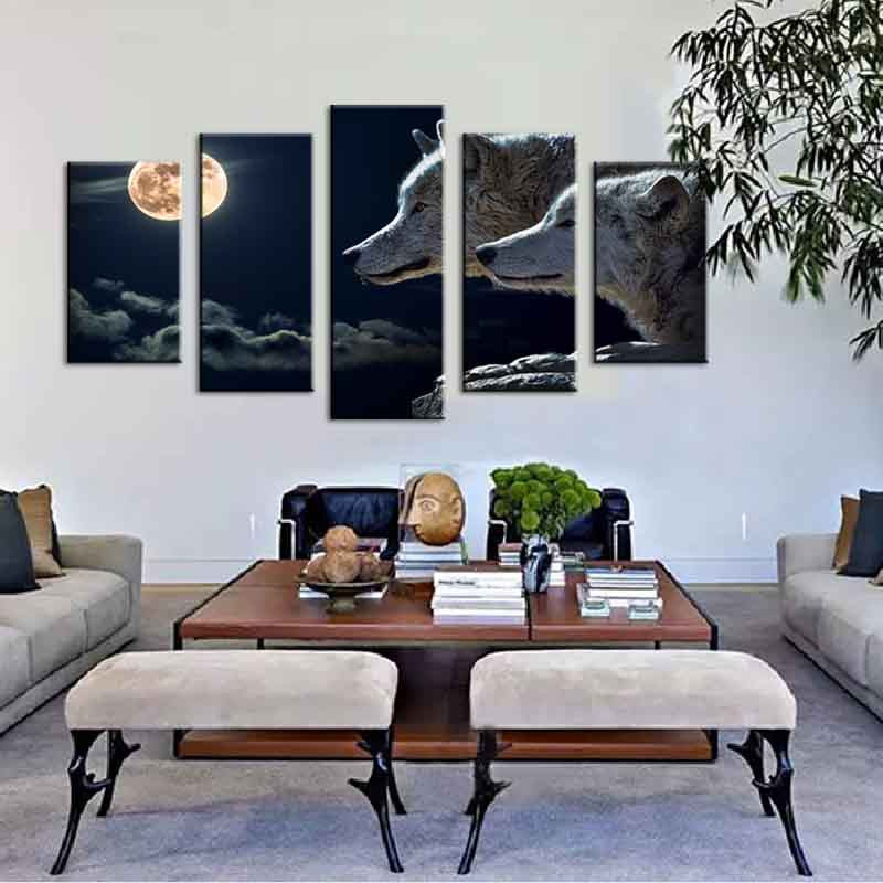 Wolves and Moon at Night - 5-panel canvas wall art featuring two wolves silhouetted against a dramatic night sky with full moon, clouds, and stars, perfect for modern home decor and living room spaces