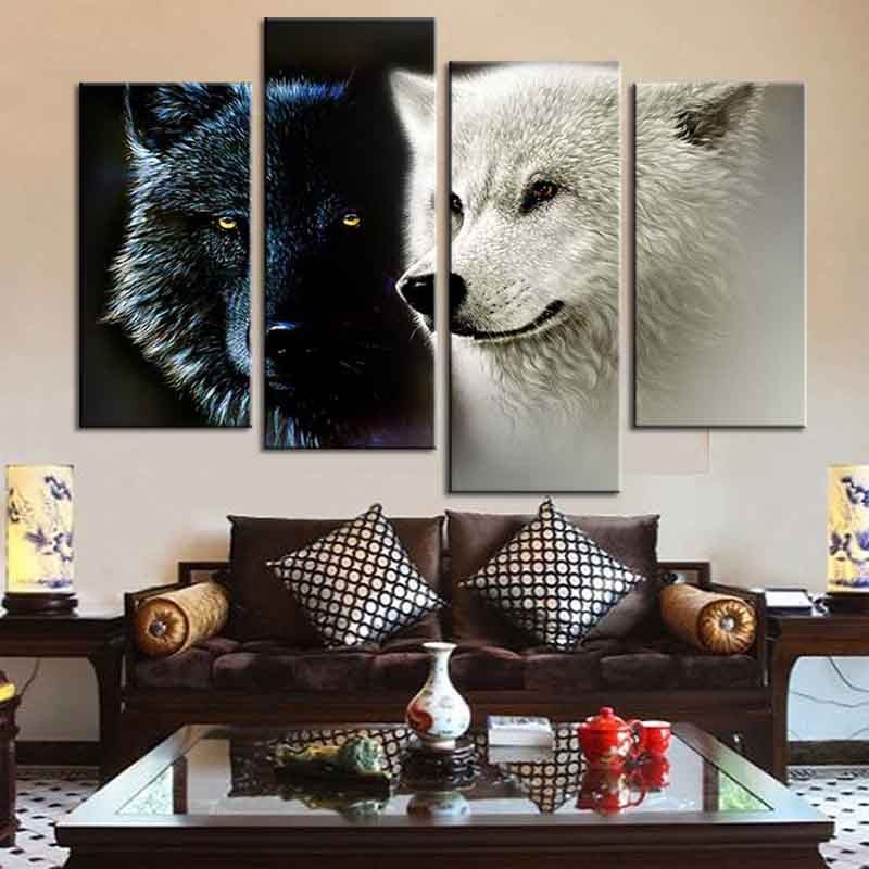 Black and White Wolf Pair: Stunning 4-panel canvas wall art featuring contrasting black and white wolves with piercing eyes, creating a dramatic visual effect perfect for modern home decor