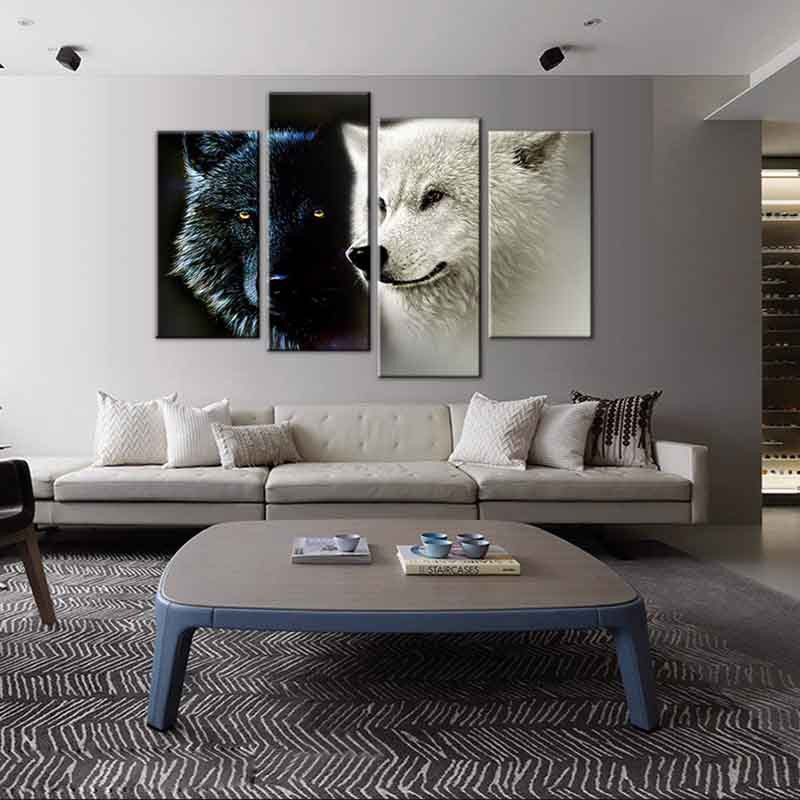 Black and White Wolf Pair canvas wall art featuring dramatic split portrait of black and white wolves displayed as 5-panel set above modern gray sofa, perfect for contemporary home decor