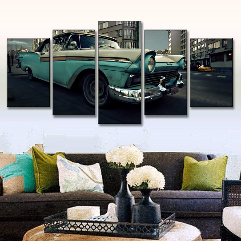 Vintage Car Retro Print: Classic turquoise 1950s automobile parked on urban street, 5-panel canvas wall art showcasing retro automotive design with chrome details and iconic styling
