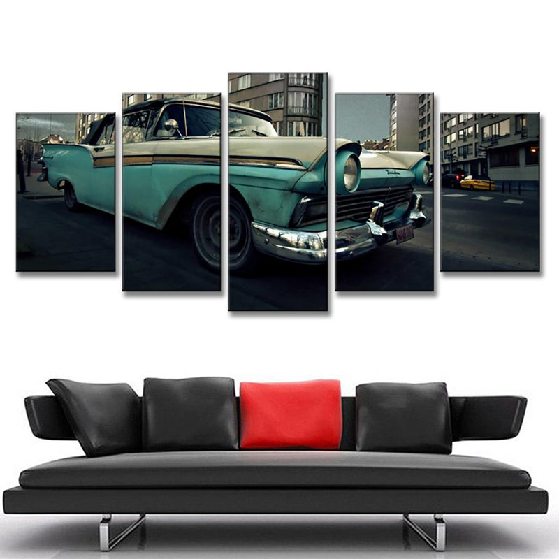 Vintage Car Retro Print - 5-panel canvas wall art featuring a classic turquoise 1950s Ford automobile with chrome trim, photographed at street level in an urban setting, displaying iconic retro automotive design and styling