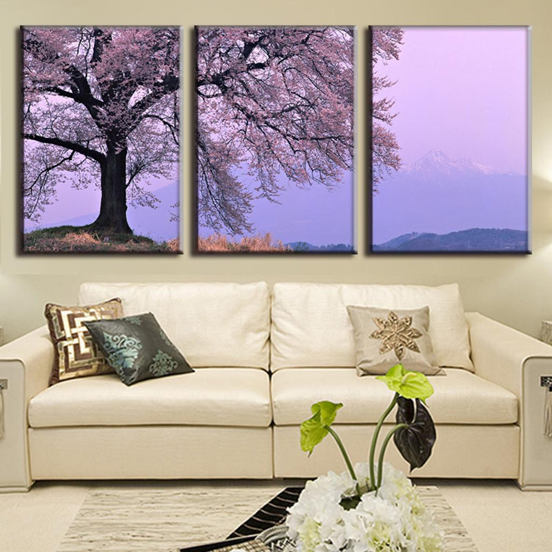 Cherry Blossom in Fog: Beautiful 3-panel canvas art featuring a majestic cherry tree with pink blossoms against a misty purple mountain landscape, creating a serene and dreamlike atmosphere perfect for wall decor