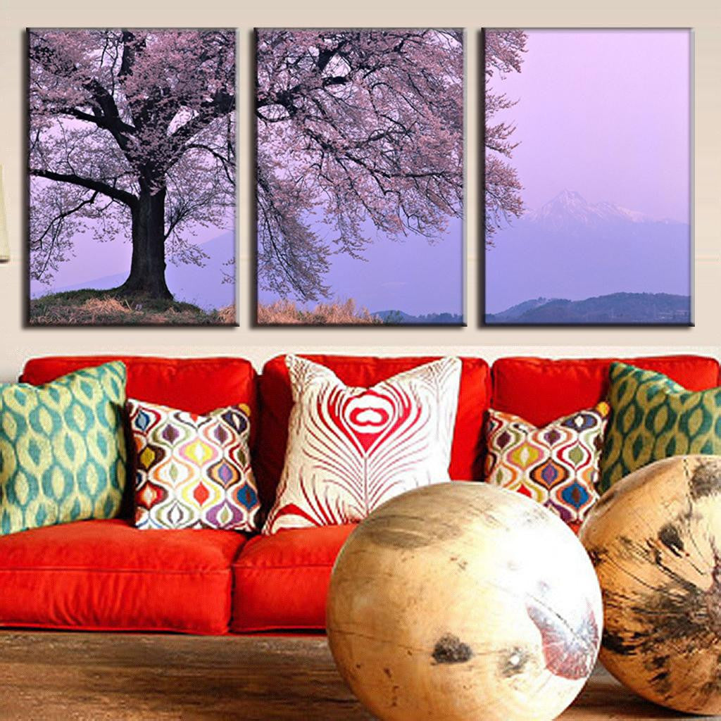 Cherry Blossom in Fog - 3-panel canvas art featuring a majestic cherry tree in full bloom against misty purple mountains, creating a serene Japanese landscape with delicate pink blossoms and atmospheric morning fog