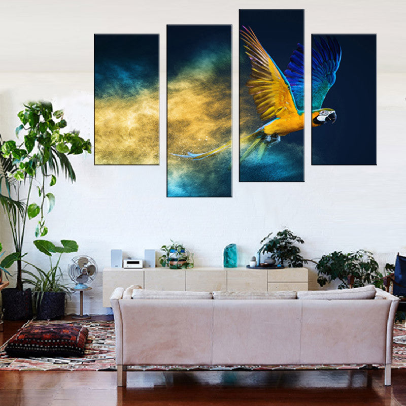 Blue Abstract Parrot 4-panel canvas wall art featuring a vibrant macaw in flight against a dramatic blue and gold nebula background, perfect for modern home decor and living spaces