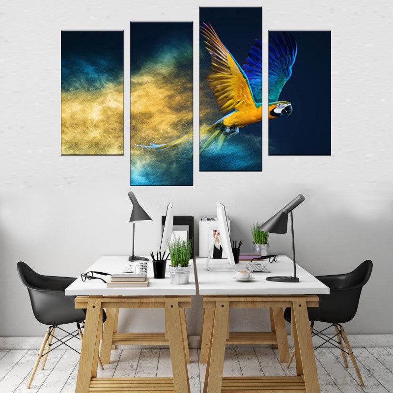 Blue Abstract Parrot - 4-panel wall art featuring a vibrant blue and gold macaw in flight against a dramatic cosmic background with swirling turquoise and yellow clouds, perfect for modern home decor