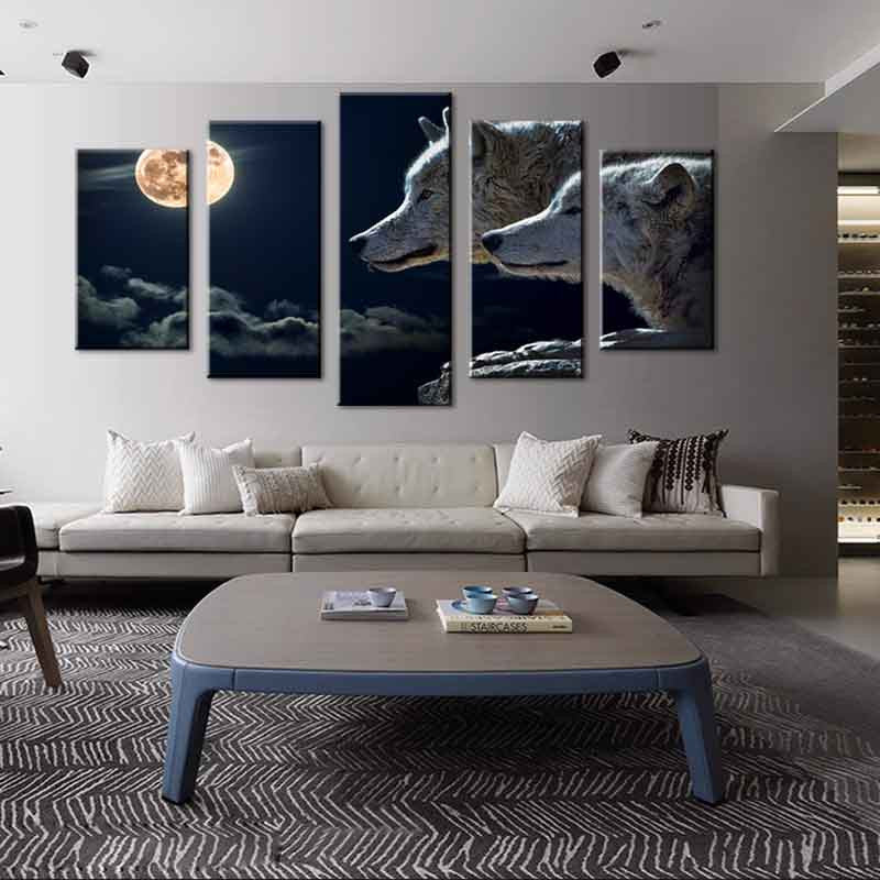 Wolves and Moon at Night - 5-piece canvas wall art displaying majestic wolves against a dramatic night sky with full moon, creating a stunning atmospheric scene perfect for modern home decor and living spaces.