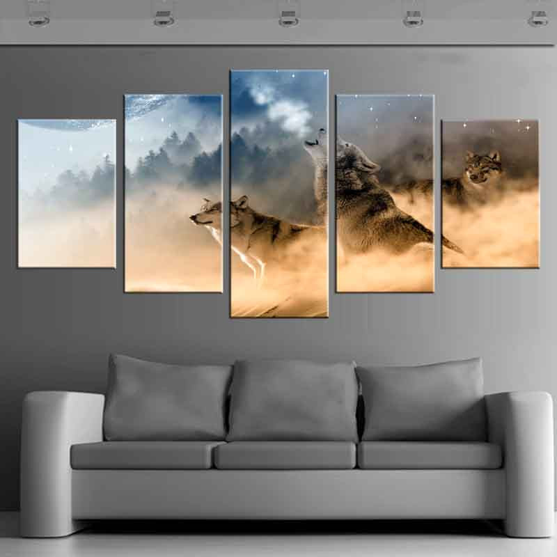 Wolves in the Forest Fog - 5-panel canvas wall art depicting majestic wolves emerging through misty forest landscape at dawn, with ethereal lighting and dramatic atmospheric effect