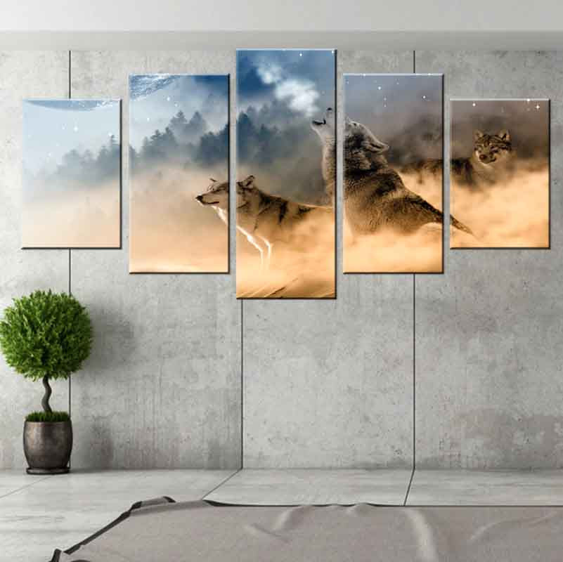 Wolves in the Forest Fog - 5-panel canvas wall art featuring mystical wolves running through misty forest landscape against dramatic blue sky and golden fog, perfect for home decor