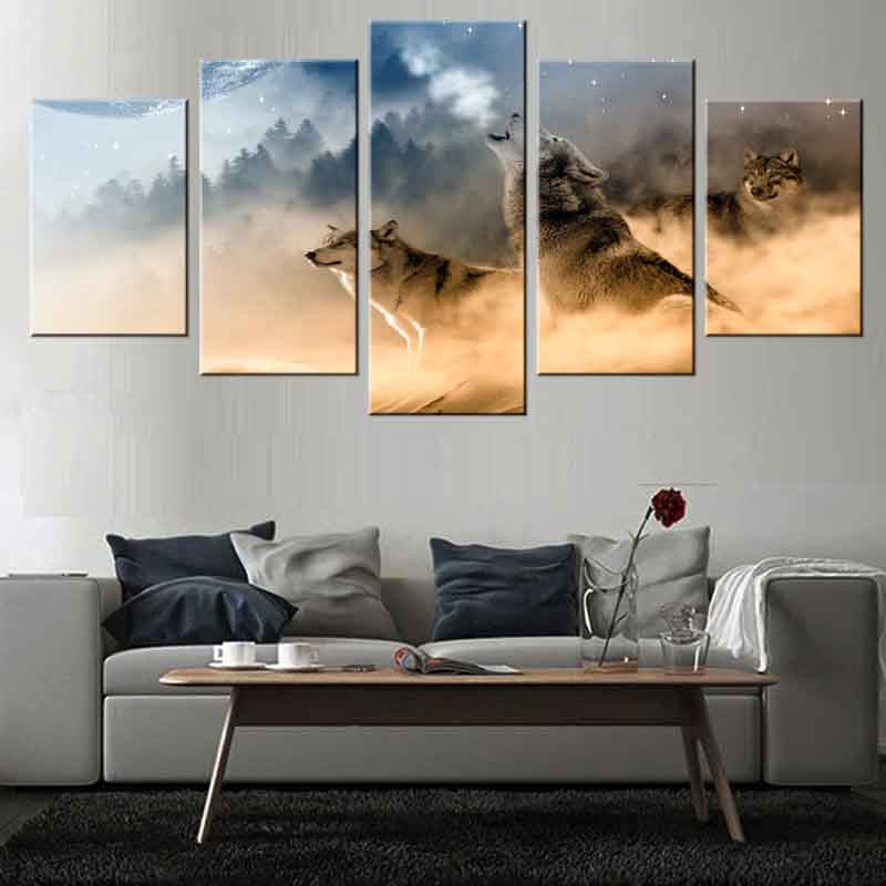 Wolves in the Forest Fog - 5-panel canvas wall art featuring mystical wolves running through misty forest at dusk, with ethereal clouds and mountain silhouettes creating a dramatic nature scene in blue and orange tones