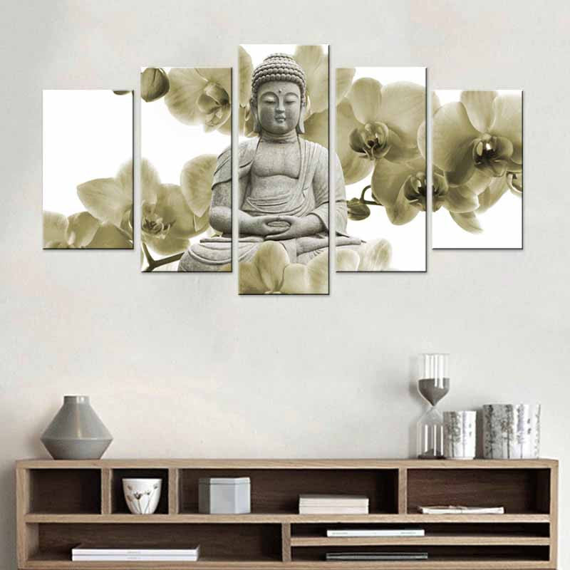 Buddha Sculpture with White Orchid - 5-panel canvas wall art featuring a serene stone Buddha statue surrounded by delicate white orchid blooms in a peaceful zen composition, perfect for meditation spaces and home decor