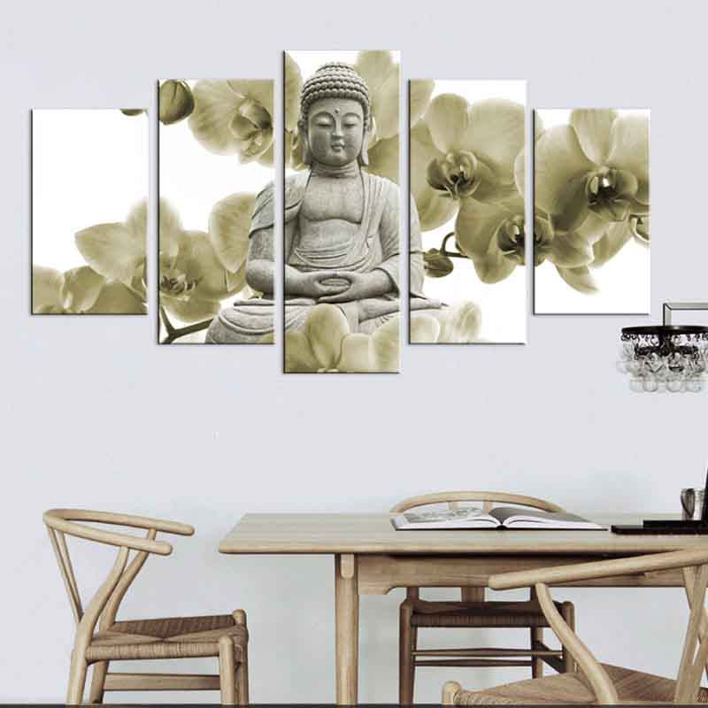 Buddha Sculpture with White Orchid - 5-panel canvas wall art featuring serene Buddha statue in meditation pose surrounded by elegant white orchid blooms in monochromatic beige tones, creating peaceful zen atmosphere