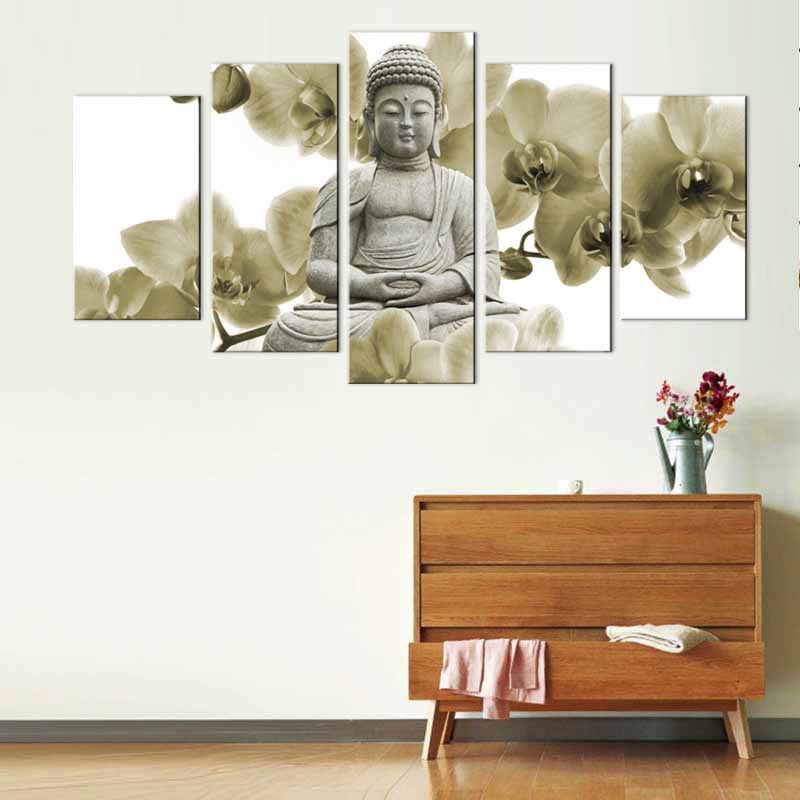 Buddha Sculpture with White Orchid - 5-panel wall art featuring serene Buddha statue in meditation pose surrounded by elegant white orchid blooms in monochromatic tones, perfect for zen home decor