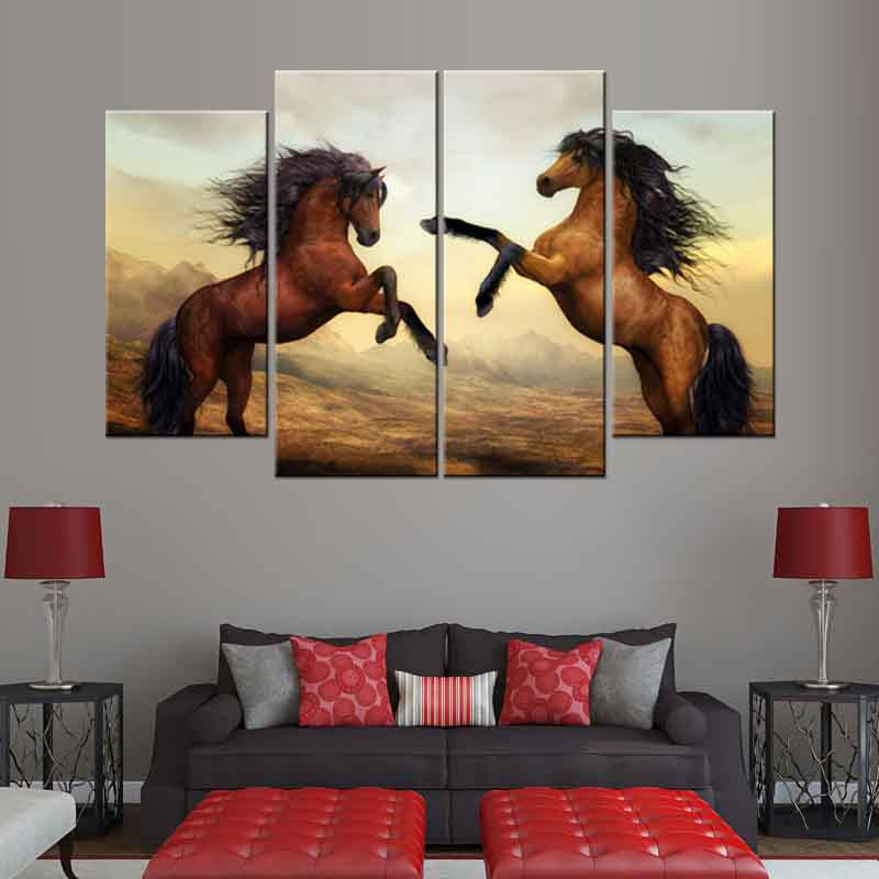 Dancing Horses canvas wall art featuring two majestic wild horses rearing up against a sunset desert landscape, multi-panel high-quality prints perfect for living room decor