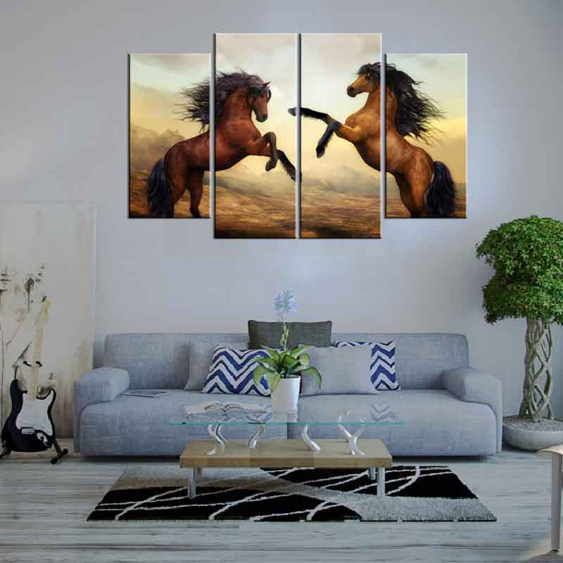 Dancing Horses wall art featuring two majestic brown stallions rearing up against a sunset desert backdrop, printed on 4-panel canvas for dramatic home decor impact