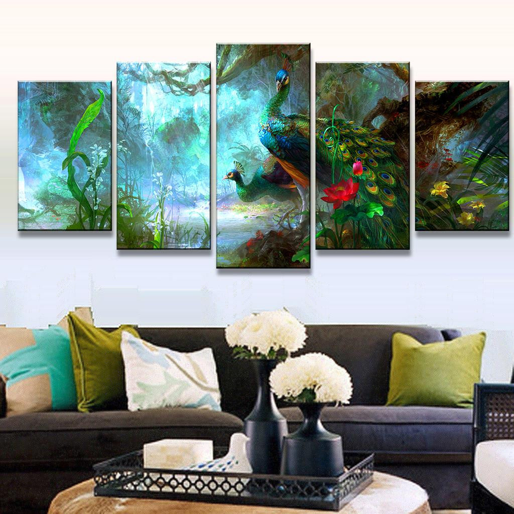 Peacock and Flower Abstract Scene: 5-panel canvas wall art depicting a vibrant peacock in a mystical forest setting with turquoise skies, lush foliage, and colorful flowers, creating a dreamy, nature-inspired atmosphere for home decor