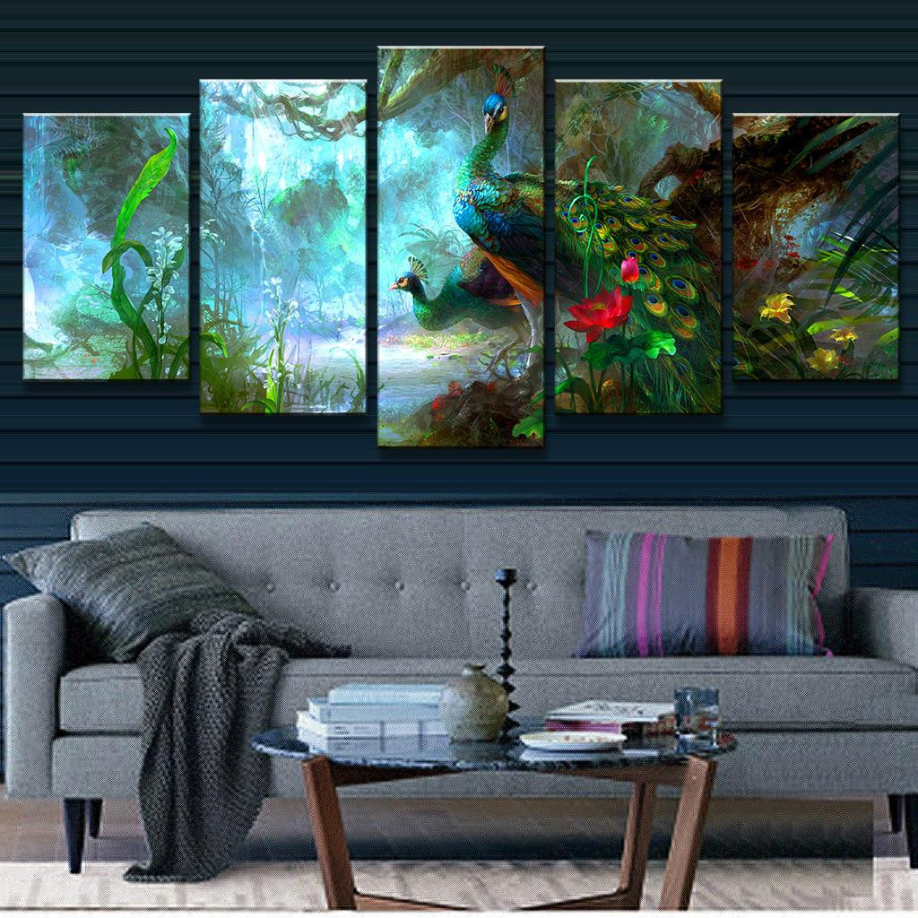 Peacock and Flower Abstract Scene - 5-panel canvas wall art featuring vibrant turquoise and blue peacock in enchanted forest setting with colorful flowers, lush foliage, and mystical atmosphere, perfect for home decor and interior design