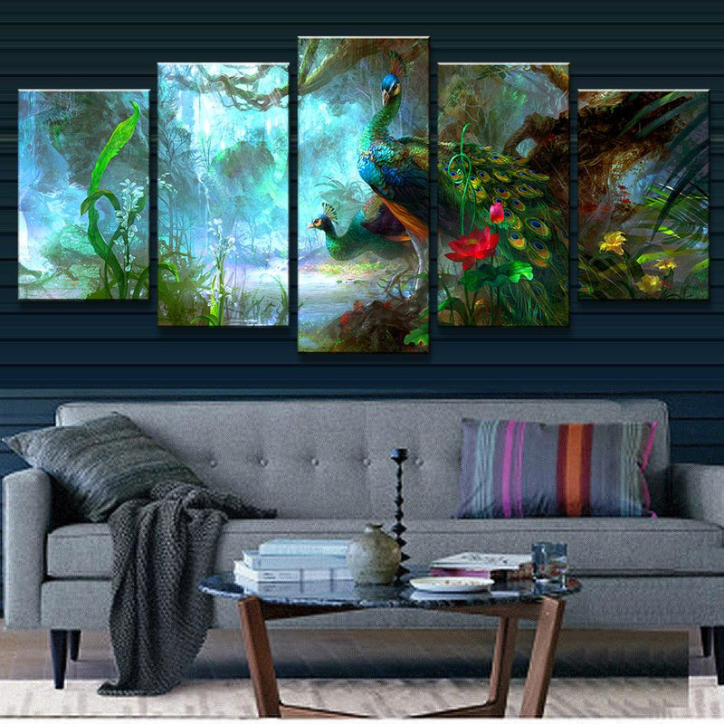 Peacock and Flower Abstract Scene - 5-panel canvas wall art featuring vibrant turquoise and blue peacock in enchanted forest setting with colorful flowers, lush foliage, and mystical atmosphere, perfect for home decor and interior design