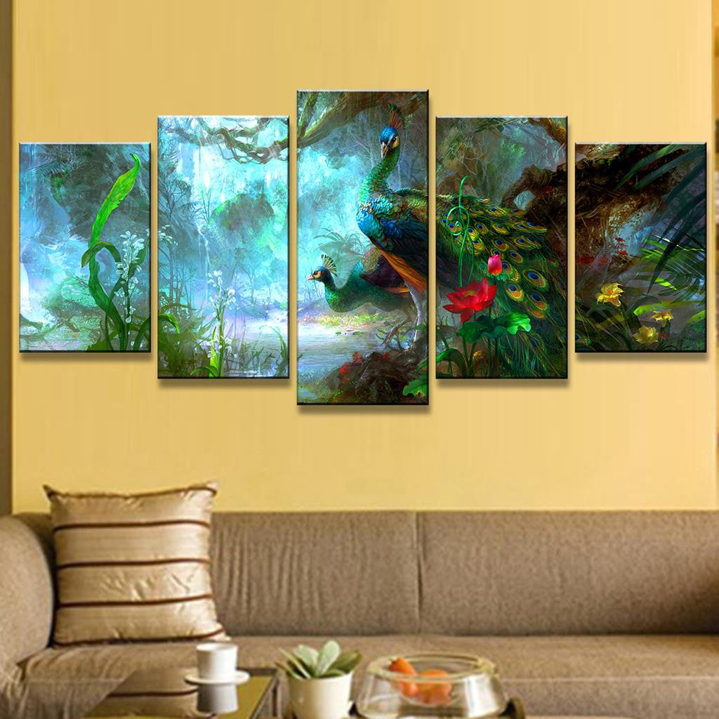 Peacock and Flower Abstract Scene: 5-panel wall art depicting vibrant peacock in mystical forest with turquoise and blue hues, colorful flowers, lush foliage, creating dreamy abstract landscape perfect for home decor