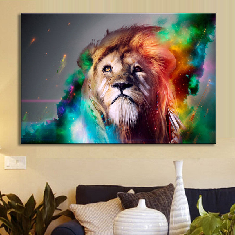 Colorful Abstract Lion wall art featuring majestic lion portrait with vibrant rainbow colors and swirling cosmic effects, dramatic artwork printed on high-quality canvas perfect for home decor
