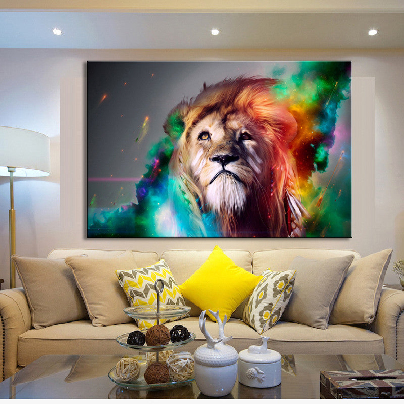 Colorful Abstract Lion canvas wall art featuring majestic lion head with vibrant rainbow colors, cosmic background in turquoise, orange and pink swirls, perfect statement piece for modern home decor