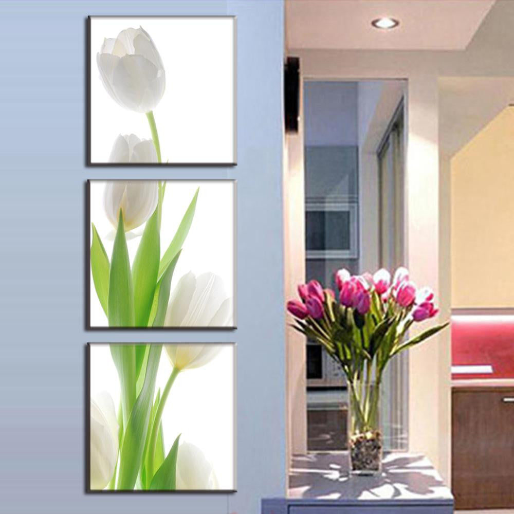 White Tulip Modern Design: Elegant 3-panel canvas wall art featuring a minimalist white tulip with vibrant green stem against light background, perfect for contemporary home decor and interior design