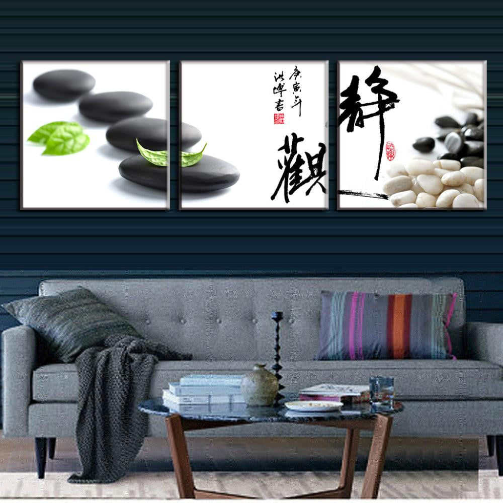 Stone and Leaf with Calligraphy wall art featuring zen inspired triptych panels with black stones, green leaves, Chinese calligraphy, and white pebbles in minimalist style, perfect for modern home decor and meditation spaces.