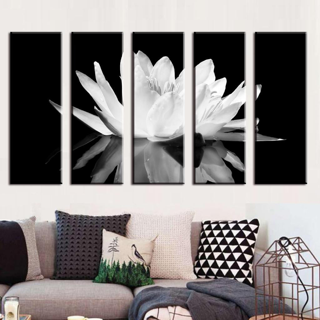 White Lotus on Black - 5-panel wall art featuring a stunning black and white photograph of a blooming lotus flower with reflective water surface, split across canvas panels for dramatic wall display effect