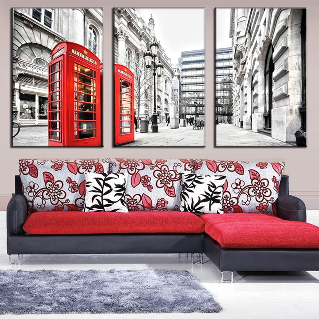 Iconic London cityscape art featuring red telephone booths set against black and white architecture, showcasing classic British street scene with historic buildings and urban elements in 3-panel canvas wall decor