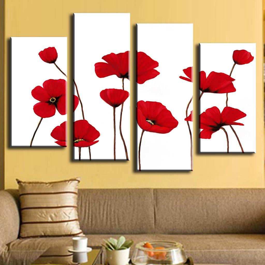 Red Poppies on White Background - 4-piece canvas wall art featuring vibrant red poppy flowers with delicate stems against a crisp white backdrop, creating an elegant botanical display for modern home decor