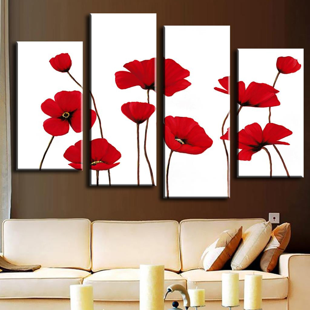 Red Poppies on White Background - 4-panel canvas wall art featuring vibrant red poppy flowers with delicate stems against a pure white backdrop, creating a striking contemporary botanical design for modern home decor