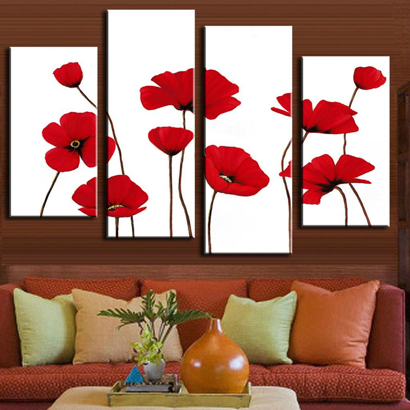 Red Poppies on White Background wall art featuring vibrant red poppy flowers with black stems arranged elegantly across four canvas panels, creating a striking minimalist botanical design perfect for modern home decor.