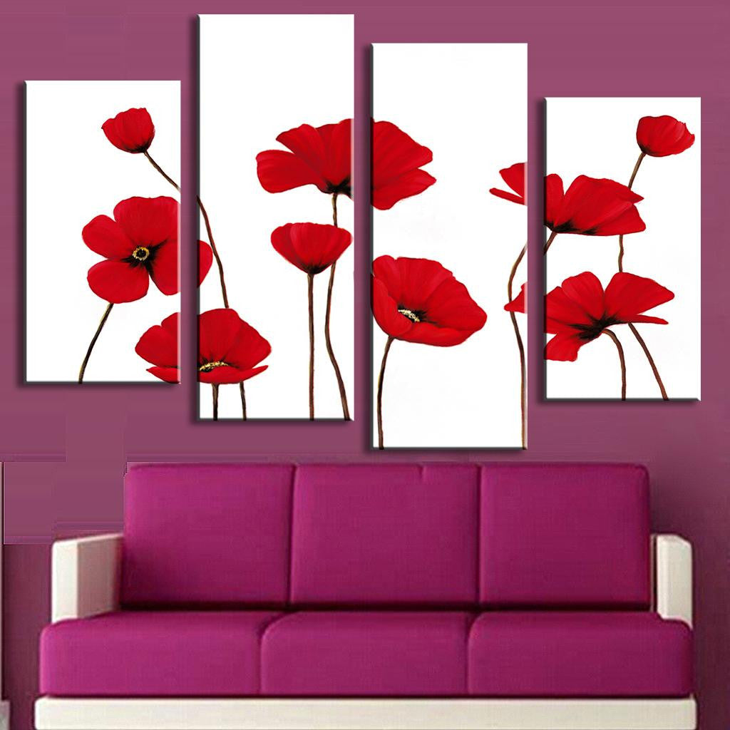 Red Poppies on White Background - 4-panel canvas wall art featuring vibrant red poppy flowers with delicate stems against pure white backdrop, modern botanical print perfect for home decor, 48x36 inches total size