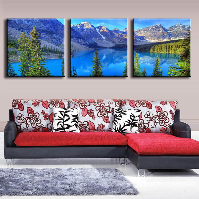 Blue Mountain Alps canvas wall art featuring majestic peaks, turquoise alpine lake, and evergreen forest in stunning 3-panel landscape nature photography print for home decor