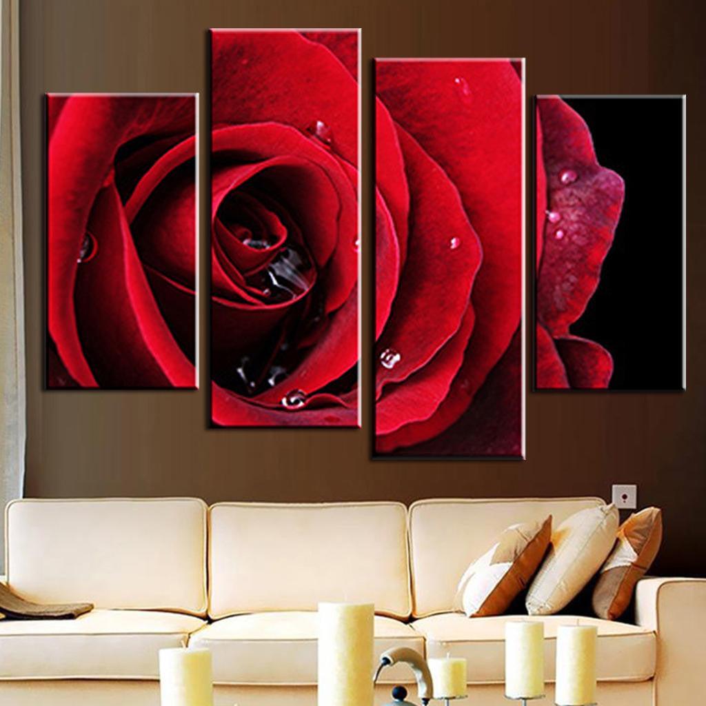 Red Rose with Droplets - 4-panel canvas wall art featuring vibrant macro photograph of deep red rose petals with glistening water droplets, perfect for romantic home decor and living room walls