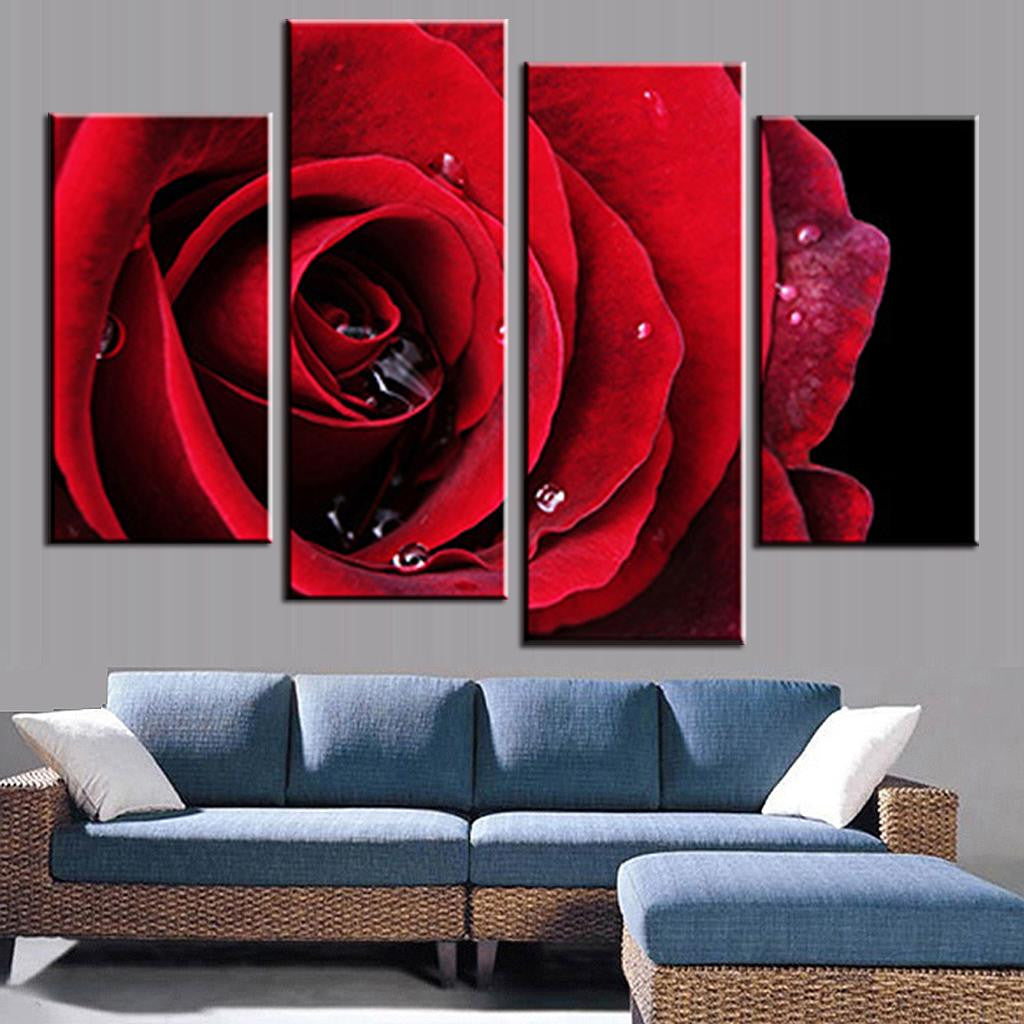 Red Rose with Droplets - Stunning 4-panel canvas wall art featuring vibrant red rose petals with glistening water droplets in dramatic close-up against dark background, perfect for modern home decor