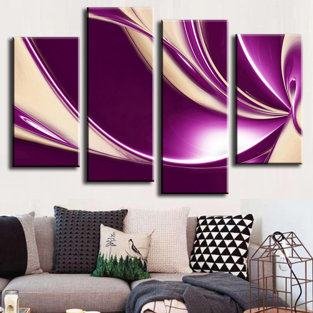 Modern Purple Swirls - 4 panel canvas wall art featuring elegant abstract purple and cream swirling lines in a contemporary design, displayed in a staggered arrangement perfect for modern home decor