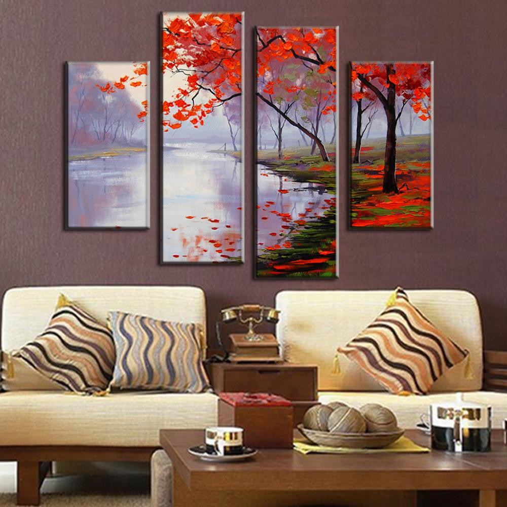 Autumn Maple Stream canvas wall art featuring vibrant red maple trees along a misty lake, 4-panel painting with falling leaves reflecting in tranquil water, serene autumn landscape artwork for home decor