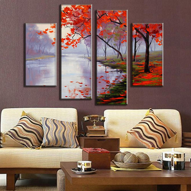 Autumn Maple Stream canvas wall art featuring vibrant red maple trees along a misty lake, 4-panel painting with falling leaves reflecting in tranquil water, serene autumn landscape artwork for home decor