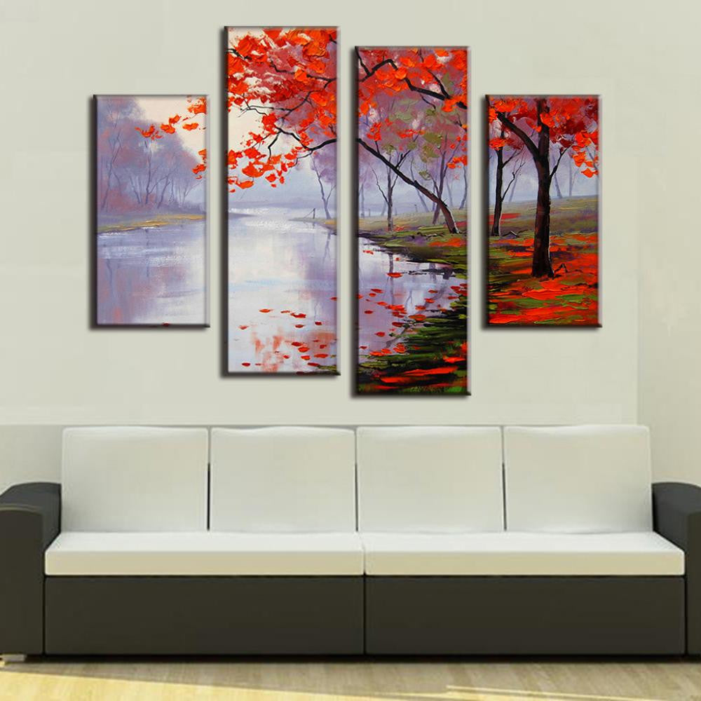 Autumn Maple Stream 4-panel canvas wall art featuring vibrant red maple trees beside a tranquil lake, with fallen leaves scattered on ground and water, creating a serene autumn landscape reflection in misty purple tones