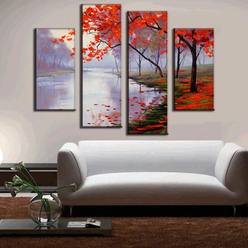 Autumn Maple Stream 4-piece canvas wall art featuring vibrant red maple trees along a misty riverbank with fallen leaves reflecting in calm waters, perfect for modern home decor