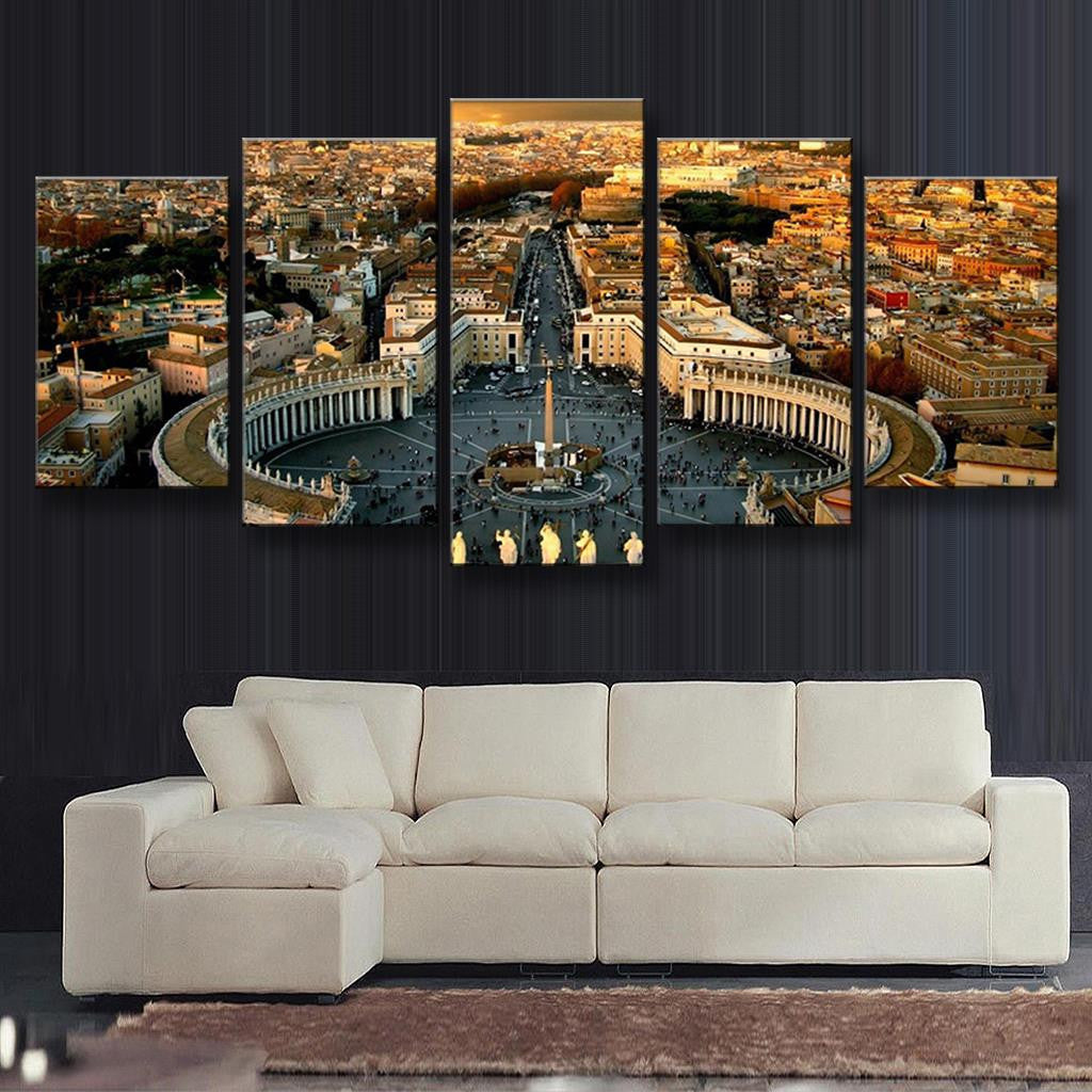 The Roman Forum Panoramic: Aerial view of St. Peter's Square in Vatican City showing iconic colonnades, obelisk, and surrounding historic Roman architecture during golden sunset, displayed as 5-panel canvas wall art