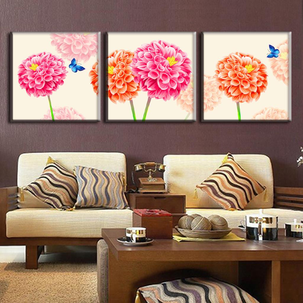Chrysanthemum And Butterflies canvas wall art featuring vibrant pink and orange blooms with delicate blue butterflies, displayed as elegant triptych panels perfect for modern home decor and living room walls