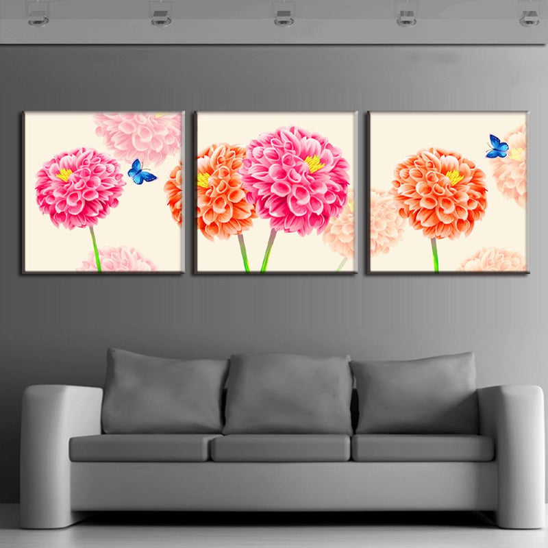 Chrysanthemum And Butterflies 3-panel canvas wall art featuring vibrant pink and orange chrysanthemum blooms with delicate blue butterflies on cream background, perfect for modern home decor